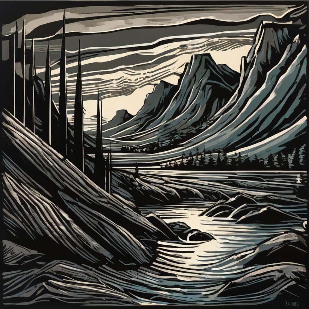 Ομορφία του άχροου χώρου με βουνά, ποταμό και ορίζοντα σε καλλιτεχνικό στυλ.