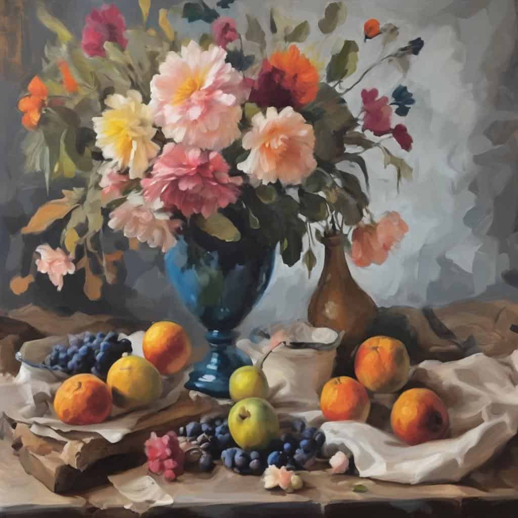 Λουλούδια σε βάζο με φρούτα σε ζωγραφική σύνθεση, εικόνα από την Εμπειρία του Άχρονου Χώρου.