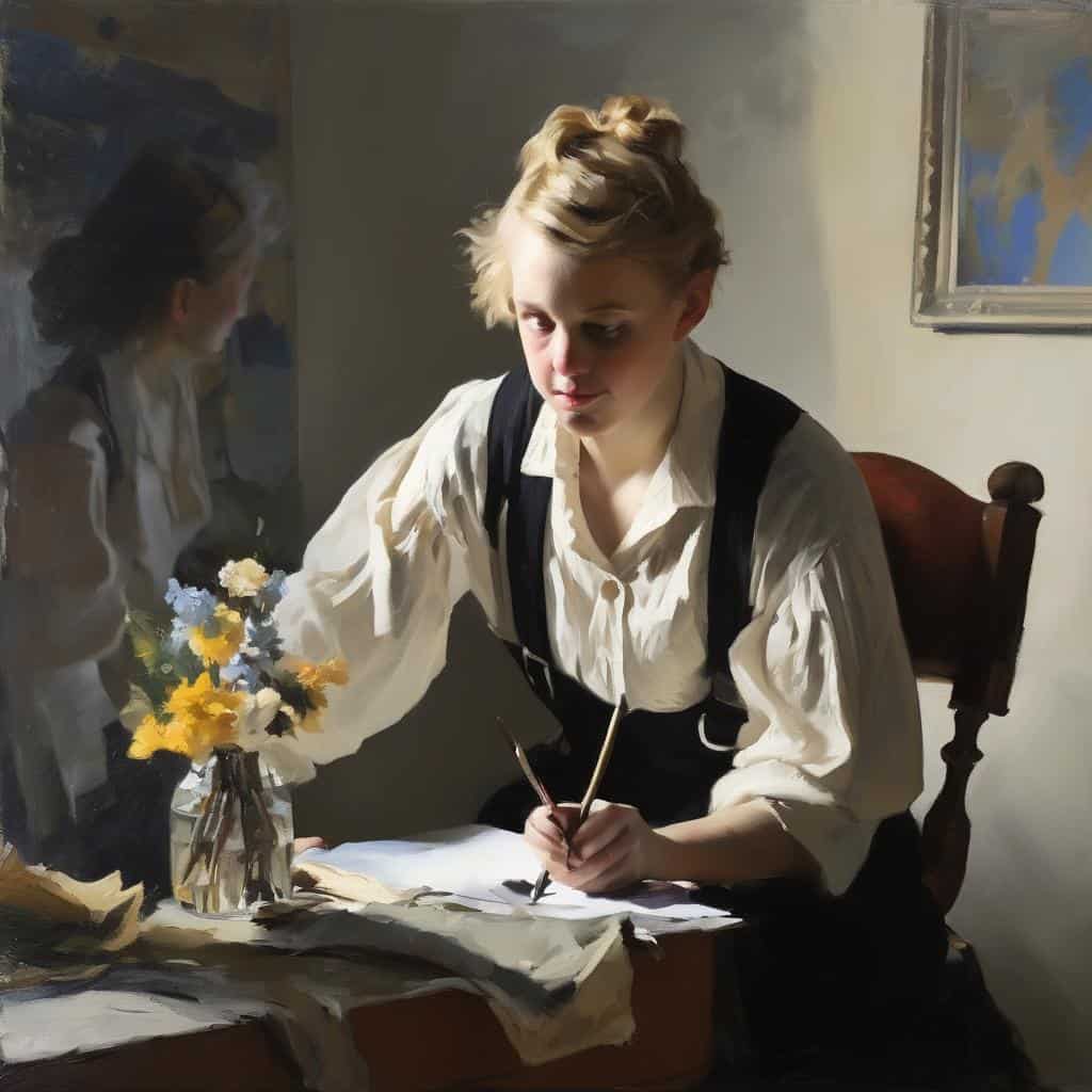 Σύνθετη εικόνα νεαρής γυναίκας σε εσωτερικό χώρο με λευκό πουκάμισο και μαύρο σακάκι, γράφει σε χαρτί, με μπουκέτο λουλουδιών και πίνακα στον τοίχο.