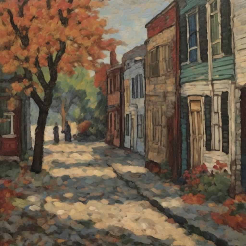 Παλιό δρόμο με πολύχρωμα σπίτια και φθαρμένους τοίχους, σε καλλιτεχνική υδατογραφία.