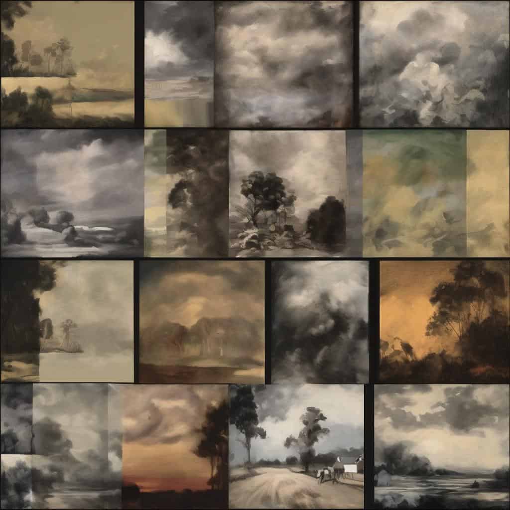 Νεφέλες και τοπία σε ασπρόμαυρη και σκουρότερη παλέτα, εμπνευσμένα από τοΧρόνο και τη φύση.