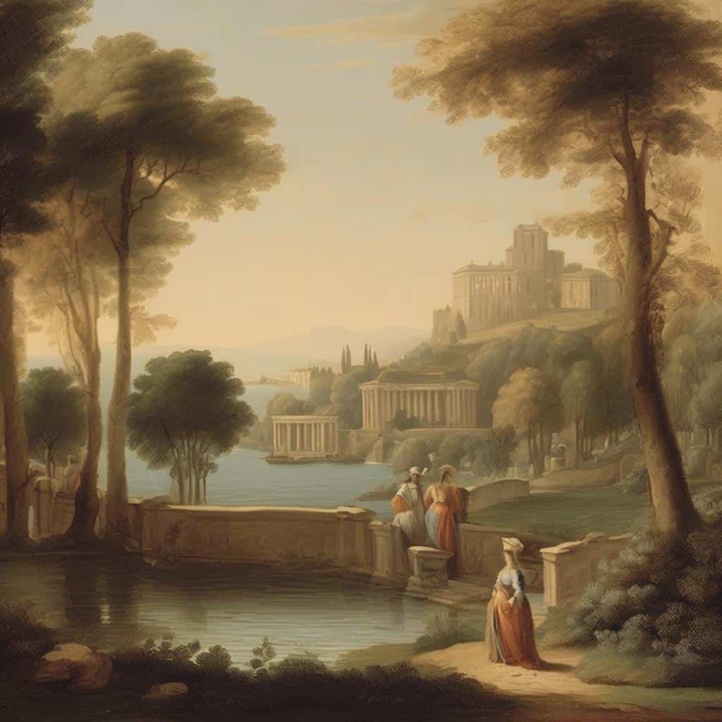 Ρομαντική ζωγραφιά με αρχαία ελληνική ακρόπολη και φυσικό τοπίο, ιδανική για ιστορία και τέχνη.